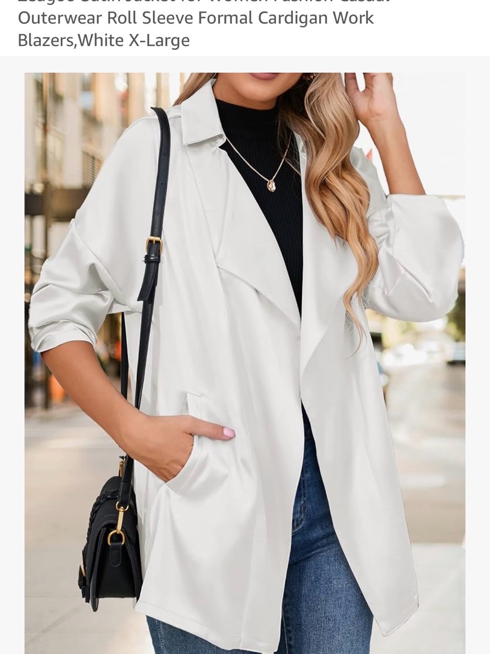 NWT Zegoo White Satin Blazer Jacket XL Open Front Roll Sleeve - Picture 6 of 6